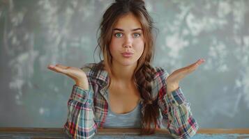 Woman Sitting at Table With Hands Raised photo