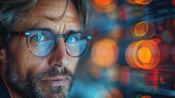 hombre con lentes mirando a computadora pantalla foto