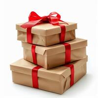 Stack of Wrapped Presents With Red Ribbon photo