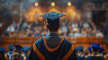 Man in Graduation Cap and Gown Speaking at Podium photo