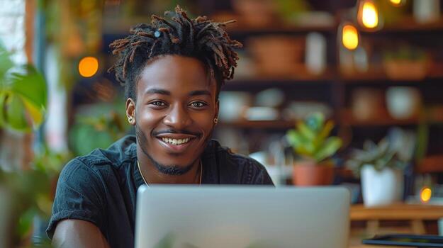 Man With Glasses Sitting in Front of Laptop photo