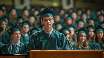 Man in Graduation Cap and Gown Speaking at Podium photo