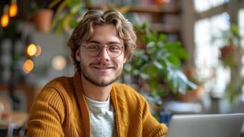 Man With Glasses Sitting in Front of Laptop photo