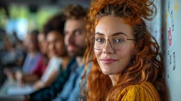 Woman With Red Hair and Glasses Standing in Front of Group photo
