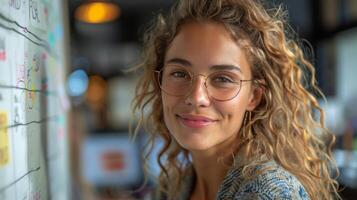 Woman With Glasses Standing in Front of Whiteboard photo