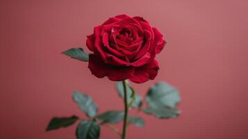 A Single Red Rose on a Pink Background photo