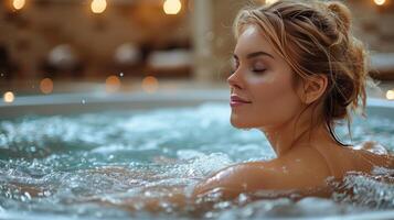 mujer nadando en piscina a puesta de sol foto