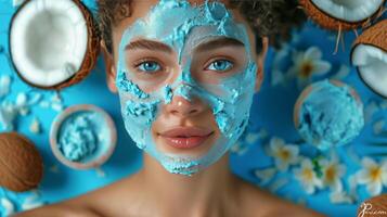 Woman Wearing Blue Face Mask Surrounded by Coconuts photo