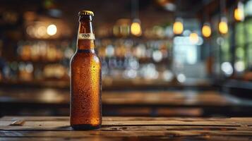 Bottle of Beer on Wooden Table photo