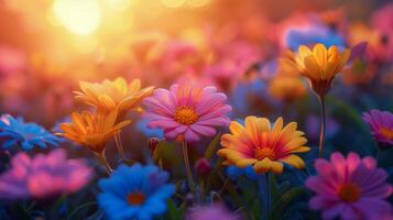 Vibrant Field of Colorful Flowers With Sun Background photo