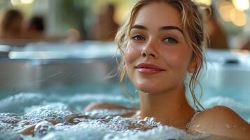 Woman Swimming in Pool at Sunset photo