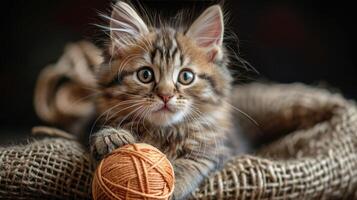 Small Kitten Playing With Yarn Ball photo