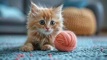 Small Kitten Playing With Yarn Ball photo