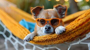 Small Dog Wearing Sunglasses Laying in Hammock photo