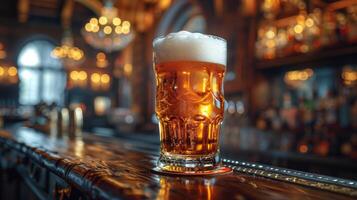 Glass of Beer on Wooden Table photo