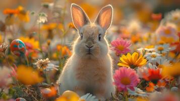 Conejo sentado en campo de rosado flores foto