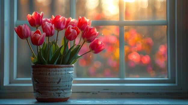 Red Tulips in Vase on Window Sill photo