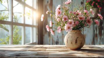 Pink Flowers on Wooden Table photo