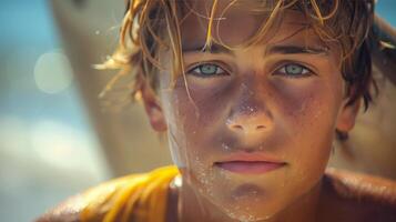 cerca arriba de un joven chico con azul ojos foto