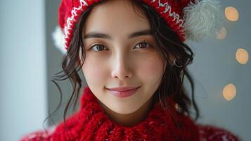 Woman in Santa Hat by Christmas Tree photo