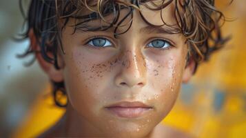 cerca arriba de un joven chico con azul ojos foto