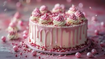 White Cake With Pink Frosting and Sprinkles photo