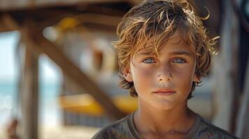 Close Up of a Young Boy With Blue Eyes photo