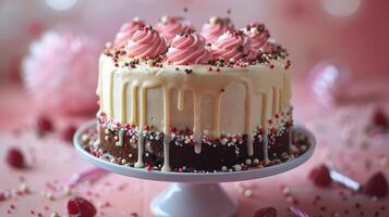 White Cake With Pink Frosting and Sprinkles photo