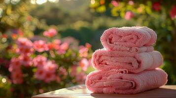 apilar de rosado toallas en de madera mesa foto