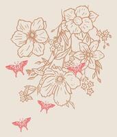 Illustration of flowers and butterflies in rustic and stripped strokes. vector