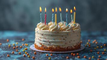 Cake With White Frosting and Lit Candles photo