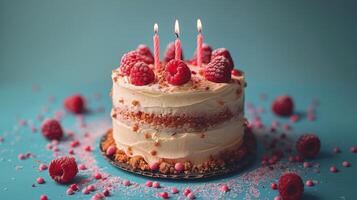Cake With White Frosting and Lit Candles photo
