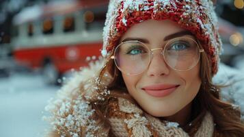 Woman Wearing Glasses and Hat in Snow photo