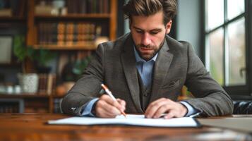 hombre sentado a escritorio escritura en un pedazo de papel foto