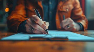 Man Writing on Paper at Desk photo