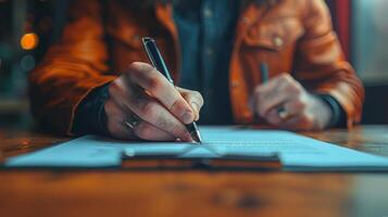 Man Writing on Paper at Desk photo