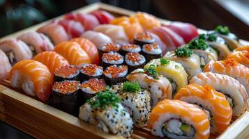 Wooden Tray Filled With Various Types of Sushi photo