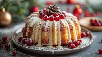 Bundt Cake With Icing and Cranberries on Plate photo