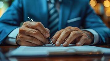 hombre sentado a escritorio escritura en un pedazo de papel foto