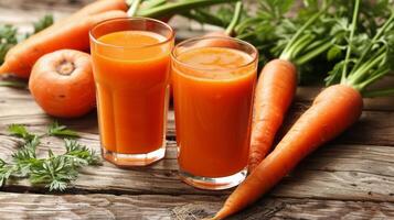 Three Glasses of Carrot Juice Next to Carrots photo