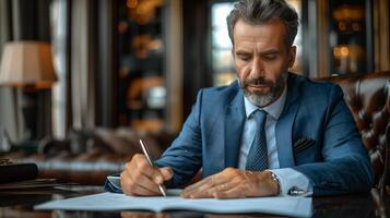 Man Writing on Paper at Desk photo