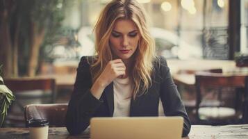 Woman Sitting at Table Using Laptop Computer photo