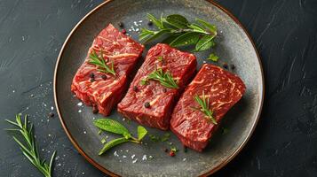 Plate of Raw Meat With Herbs photo