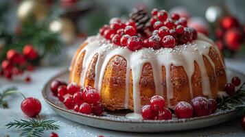 Bundt Cake With Icing and Cranberries on Plate photo