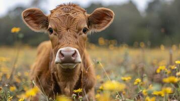 Cow Standing in Field of Yellow Flowers photo