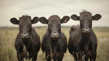 Three Black Cows Standing in a Field of Tall Grass photo