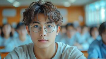 Young Man Wearing Glasses in Front of Group of People photo