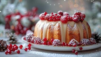 Bundt Cake With Icing and Cranberries on Plate photo