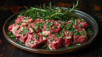 Plate of Raw Meat With Herbs photo