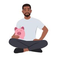 hombre sostiene un cerdito banco. concepto de ahorro finanzas. vector